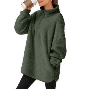 ANRABESS Women’s Sweatshirt Sherpa Fuzzy Fleece Zip Up Hoodies Cozy Pullover Soft Sweaters Tops 2025 Fall Trendy Clothes(Army Green)