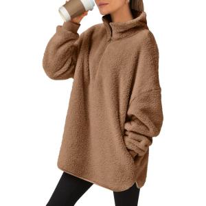 ANRABESS Women’s Sweatshirt Sherpa Fuzzy Fleece Zip Up Hoodies Cozy Pullover Soft Sweaters Tops 2025 Fall Trendy Clothes(Brown)