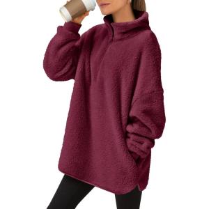 ANRABESS Women’s Sweatshirt Sherpa Fuzzy Fleece Zip Up Hoodies Cozy Pullover Soft Sweaters Tops 2025 Fall Trendy Clothes(Burgundy)