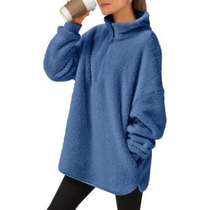 ANRABESS Women’s Sweatshirt Sherpa Fuzzy Fleece Zip Up Hoodies Cozy Pullover Soft Sweaters Tops 2025 Fall Trendy Clothes(Deep Blue)