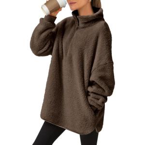 ANRABESS Women’s Sweatshirt Sherpa Fuzzy Fleece Zip Up Hoodies Cozy Pullover Soft Sweaters Tops 2025 Fall Trendy Clothes(Deep Brown)
