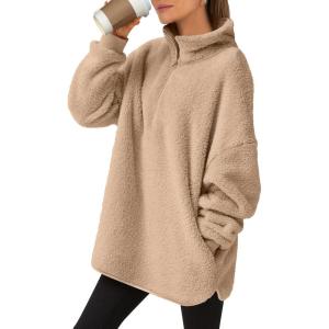 ANRABESS Women’s Sweatshirt Sherpa Fuzzy Fleece Zip Up Hoodies Cozy Pullover Soft Sweaters Tops 2025 Fall Trendy Clothes(Khaki)