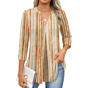 ANRABESS Womens Tops 3/4 Length Sleeve Shirts Business Casual Dressy Blouses 2025 Fall Work Tunic Tee TShirts Office Outfits(Brown Green Strips)