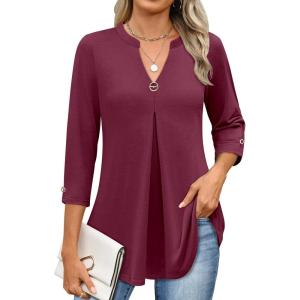 ANRABESS Womens Tops 3/4 Length Sleeve Shirts Business Casual Dressy Blouses 2025 Fall Work Tunic Tee TShirts Office Outfits(Burgundy)