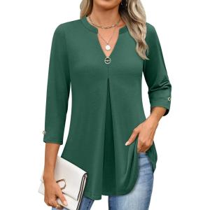 ANRABESS Womens Tops 3/4 Length Sleeve Shirts Business Casual Dressy Blouses 2025 Fall Work Tunic Tee TShirts Office Outfits(Deep Green)