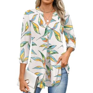 ANRABESS Womens Tops 3/4 Length Sleeve Shirts Business Casual Dressy Blouses 2025 Fall Work Tunic Tee TShirts Office Outfits(Multi Leaf)