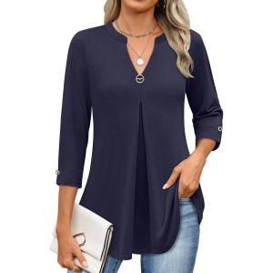 ANRABESS Womens Tops 3/4 Length Sleeve Shirts Business Casual Dressy Blouses 2025 Fall Work Tunic Tee TShirts Office Outfits(Navy Blue)