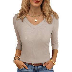 ANRABESS Womens Tops 3/4 Sleeve V Neck Ribbed Knit Slim Fit Shirts Basic Tee 2025 Fall Outfits Casual Tshirt Fashion Clothes(Beige)
