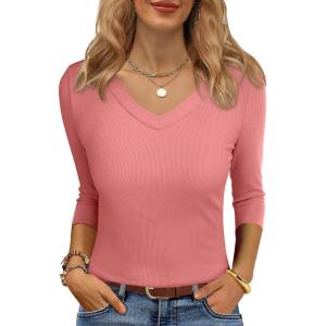 ANRABESS Womens Tops 3/4 Sleeve V Neck Ribbed Knit Slim Fit Shirts Basic Tee 2025 Fall Outfits Casual Tshirt Fashion Clothes(Coral Pink)