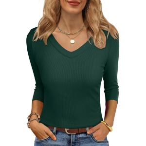 ANRABESS Womens Tops 3/4 Sleeve V Neck Ribbed Knit Slim Fit Shirts Basic Tee 2025 Fall Outfits Casual Tshirt Fashion Clothes(Deep Green)
