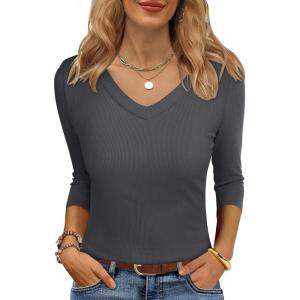 ANRABESS Womens Tops 3/4 Sleeve V Neck Ribbed Knit Slim Fit Shirts Basic Tee 2025 Fall Outfits Casual Tshirt Fashion Clothes(Deep Grey)