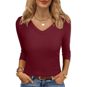 ANRABESS Womens Tops 3/4 Sleeve V Neck Ribbed Knit Slim Fit Shirts Basic Tee 2025 Fall Outfits Casual Tshirt Fashion Clothes(Deep Red)