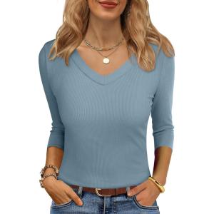 ANRABESS Womens Tops 3/4 Sleeve V Neck Ribbed Knit Slim Fit Shirts Basic Tee 2025 Fall Outfits Casual Tshirt Fashion Clothes(Grey Blue)
