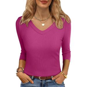 ANRABESS Womens Tops 3/4 Sleeve V Neck Ribbed Knit Slim Fit Shirts Basic Tee 2025 Fall Outfits Casual Tshirt Fashion Clothes(Hot Pink)