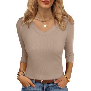 ANRABESS Womens Tops 3/4 Sleeve V Neck Ribbed Knit Slim Fit Shirts Basic Tee 2025 Fall Outfits Casual Tshirt Fashion Clothes(Light Camel)