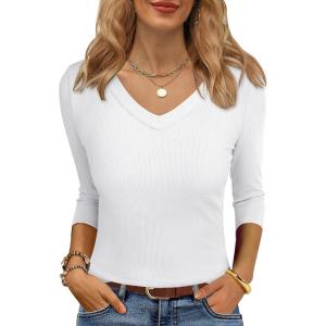 ANRABESS Womens Tops 3/4 Sleeve V Neck Ribbed Knit Slim Fit Shirts Basic Tee 2025 Fall Outfits Casual Tshirt Fashion Clothes(White)