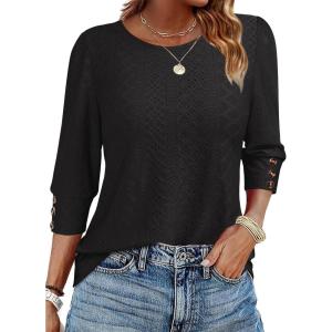 ANRABESS Womens Tops 3/4 Sleeve with Buttons Dressy Casual Blouses Summer Eyelet Shirts 2026 Spring Vacation Business Tunics(Black)
