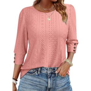ANRABESS Womens Tops 3/4 Sleeve with Buttons Dressy Casual Blouses Summer Eyelet Shirts 2026 Spring Vacation Business Tunics(Coral)