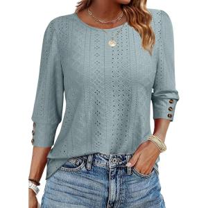 ANRABESS Womens Tops 3/4 Sleeve with Buttons Dressy Casual Blouses Summer Eyelet Shirts 2026 Spring Vacation Business Tunics(Green)