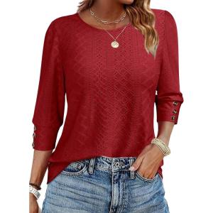 ANRABESS Womens Tops 3/4 Sleeve with Buttons Dressy Casual Blouses Summer Eyelet Shirts 2026 Spring Vacation Business Tunics(Red)