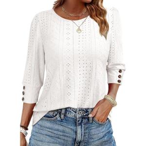 ANRABESS Womens Tops 3/4 Sleeve with Buttons Dressy Casual Blouses Summer Eyelet Shirts 2026 Spring Vacation Business Tunics(White)
