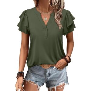 ANRABESS Womens Tops Dressy Casual Ruffle Short Sleeve V Neck Blouses Summer Button Down Business Work Elegant Shirts(Army Green)