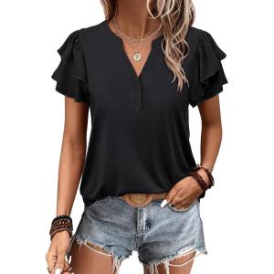 ANRABESS Womens Tops Dressy Casual Ruffle Short Sleeve V Neck Blouses Summer Button Down Business Work Elegant Shirts(Black)