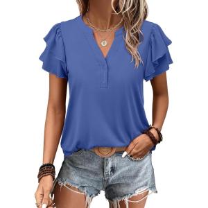 ANRABESS Womens Tops Dressy Casual Ruffle Short Sleeve V Neck Blouses Summer Button Down Business Work Elegant Shirts(Blue)