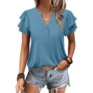 ANRABESS Womens Tops Dressy Casual Ruffle Short Sleeve V Neck Blouses Summer Button Down Business Work Elegant Shirts(Blue Green)