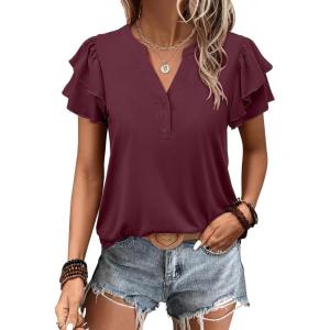 ANRABESS Womens Tops Dressy Casual Ruffle Short Sleeve V Neck Blouses Summer Button Down Business Work Elegant Shirts(Burgundy)