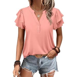 ANRABESS Womens Tops Dressy Casual Ruffle Short Sleeve V Neck Blouses Summer Button Down Business Work Elegant Shirts(Coral)