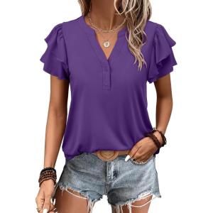 ANRABESS Womens Tops Dressy Casual Ruffle Short Sleeve V Neck Blouses Summer Button Down Business Work Elegant Shirts(Deep Purple)