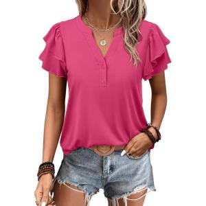 ANRABESS Womens Tops Dressy Casual Ruffle Short Sleeve V Neck Blouses Summer Button Down Business Work Elegant Shirts(Hot Pink)