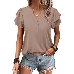 ANRABESS Womens Tops Dressy Casual Ruffle Short Sleeve V Neck Blouses Summer Button Down Business Work Elegant Shirts(Khaki)