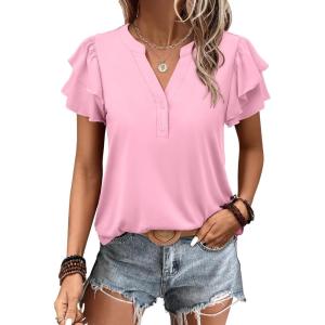 ANRABESS Womens Tops Dressy Casual Ruffle Short Sleeve V Neck Blouses Summer Button Down Business Work Elegant Shirts(Light Pink)