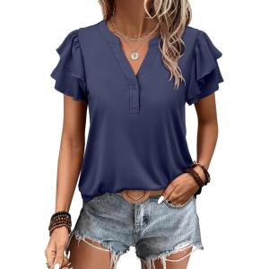 ANRABESS Womens Tops Dressy Casual Ruffle Short Sleeve V Neck Blouses Summer Button Down Business Work Elegant Shirts(Navy Blue)
