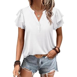 ANRABESS Womens Tops Dressy Casual Ruffle Short Sleeve V Neck Blouses Summer Button Down Business Work Elegant Shirts(White)