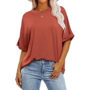 ANRABESS Womens Tops Oversized T Shirts Short Sleeve Crewneck Summer Casual Loose Basic Tee Shirt 2025 Trendy Fashion Clothes(Brick Red)