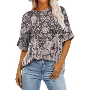 ANRABESS Womens Tops Oversized T Shirts Short Sleeve Crewneck Summer Casual Loose Basic Tee Shirt 2025 Trendy Fashion Clothes(Floral Black Print)