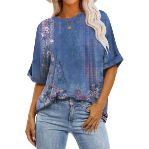 ANRABESS Womens Tops Oversized T Shirts Short Sleeve Crewneck Summer Casual Loose Basic Tee Shirt 2025 Trendy Fashion Clothes(Floral Blue Flower)