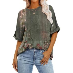 ANRABESS Womens Tops Oversized T Shirts Short Sleeve Crewneck Summer Casual Loose Basic Tee Shirt 2025 Trendy Fashion Clothes(Floral Flower Print)