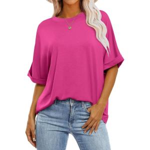 ANRABESS Womens Tops Oversized T Shirts Short Sleeve Crewneck Summer Casual Loose Basic Tee Shirt 2025 Trendy Fashion Clothes(Hot Pink)