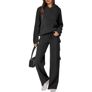 ANRABESS Women’s Two Piece Outfits Casual Knit Hooded Sweater Straight Leg Pants Set 2025 Fall Lounge Travel Clothes(Black)