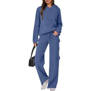 ANRABESS Women’s Two Piece Outfits Casual Knit Hooded Sweater Straight Leg Pants Set 2025 Fall Lounge Travel Clothes(Dark Blue)