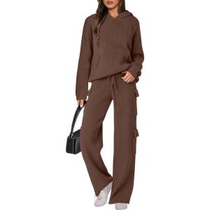 ANRABESS Women’s Two Piece Outfits Casual Knit Hooded Sweater Straight Leg Pants Set 2025 Fall Lounge Travel Clothes(Deep Brown)