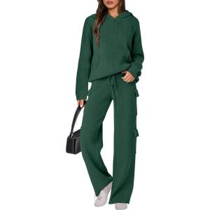 ANRABESS Women’s Two Piece Outfits Casual Knit Hooded Sweater Straight Leg Pants Set 2025 Fall Lounge Travel Clothes(Deep Green)