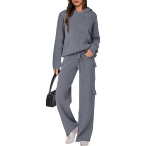 ANRABESS Women’s Two Piece Outfits Casual Knit Hooded Sweater Straight Leg Pants Set 2025 Fall Lounge Travel Clothes(Grey)