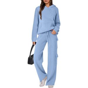 ANRABESS Women’s Two Piece Outfits Casual Knit Hooded Sweater Straight Leg Pants Set 2025 Fall Lounge Travel Clothes(Light Blue)
