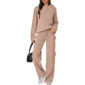 ANRABESS Women’s Two Piece Outfits Casual Knit Hooded Sweater Straight Leg Pants Set 2025 Fall Lounge Travel Clothes(Light Camel)
