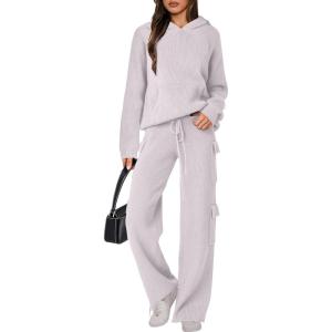 ANRABESS Women’s Two Piece Outfits Casual Knit Hooded Sweater Straight Leg Pants Set 2025 Fall Lounge Travel Clothes(Light Grey)